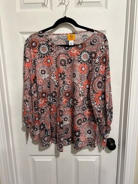 Ruby Rd. Coral & Black Floral Medallion Long-Sleeve Blouse